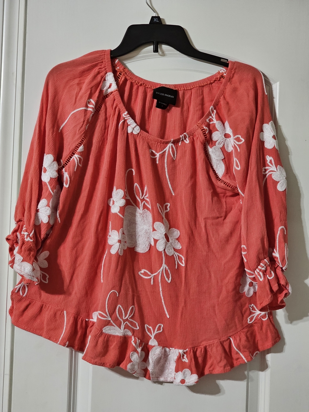 Liv LOS ANGELES Embroidered Coral Floral Peasant Blouse - Women's Top